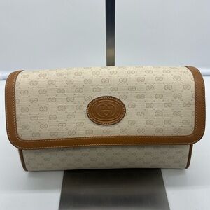 GUCCI VINTAGE Micro GG Supreme Beige Coated Canvas Leather Trim Crossbody Clutch